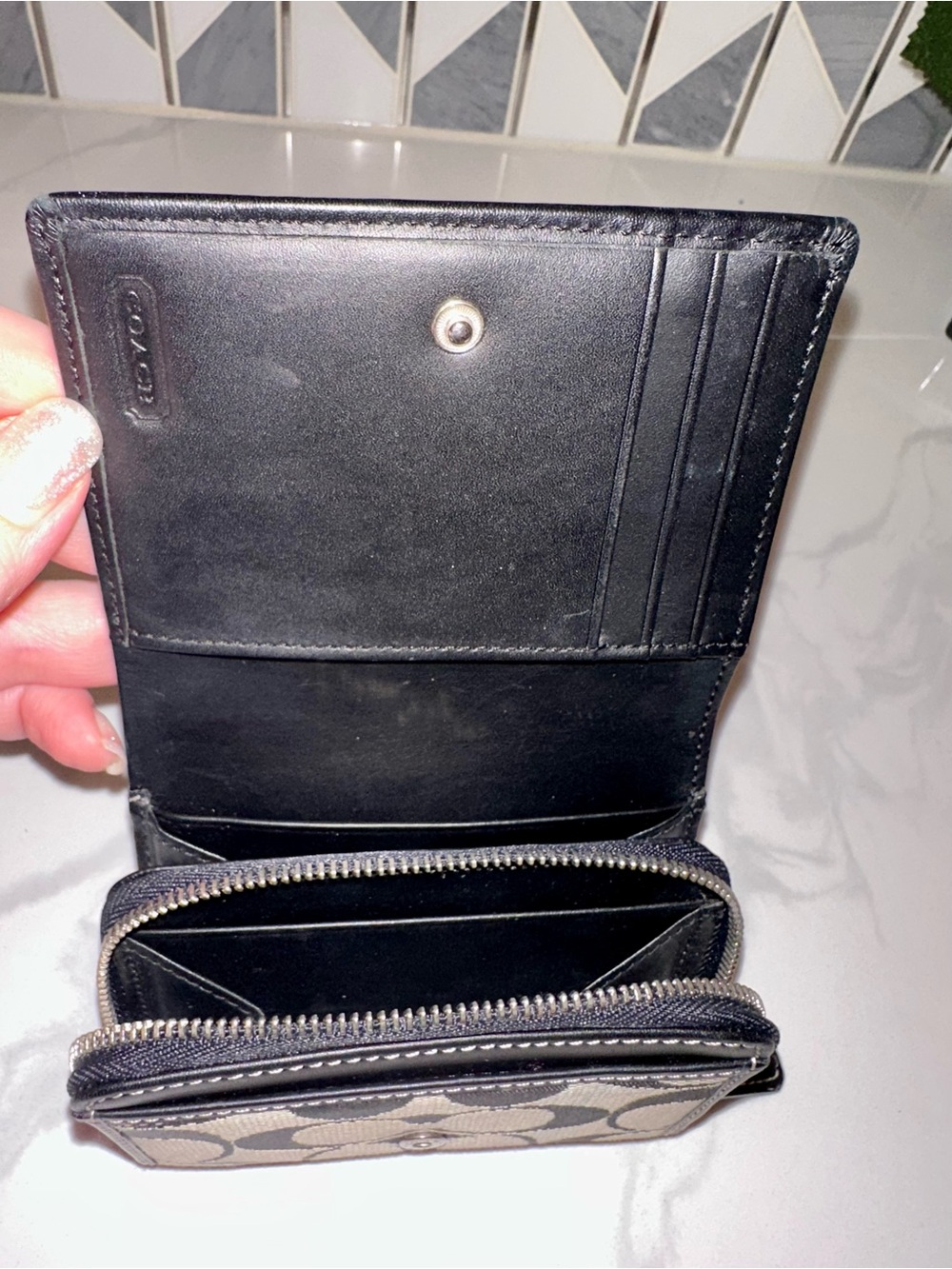 Coach Signature Y2K Black Khaki Compact Zip Wallet - Picture 4 of 5